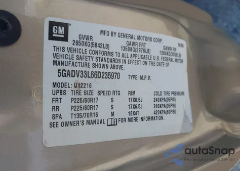 2006 Buick Terraza Cxl z USA, uszkodzony, nr VIN 5GADV33L66D235970